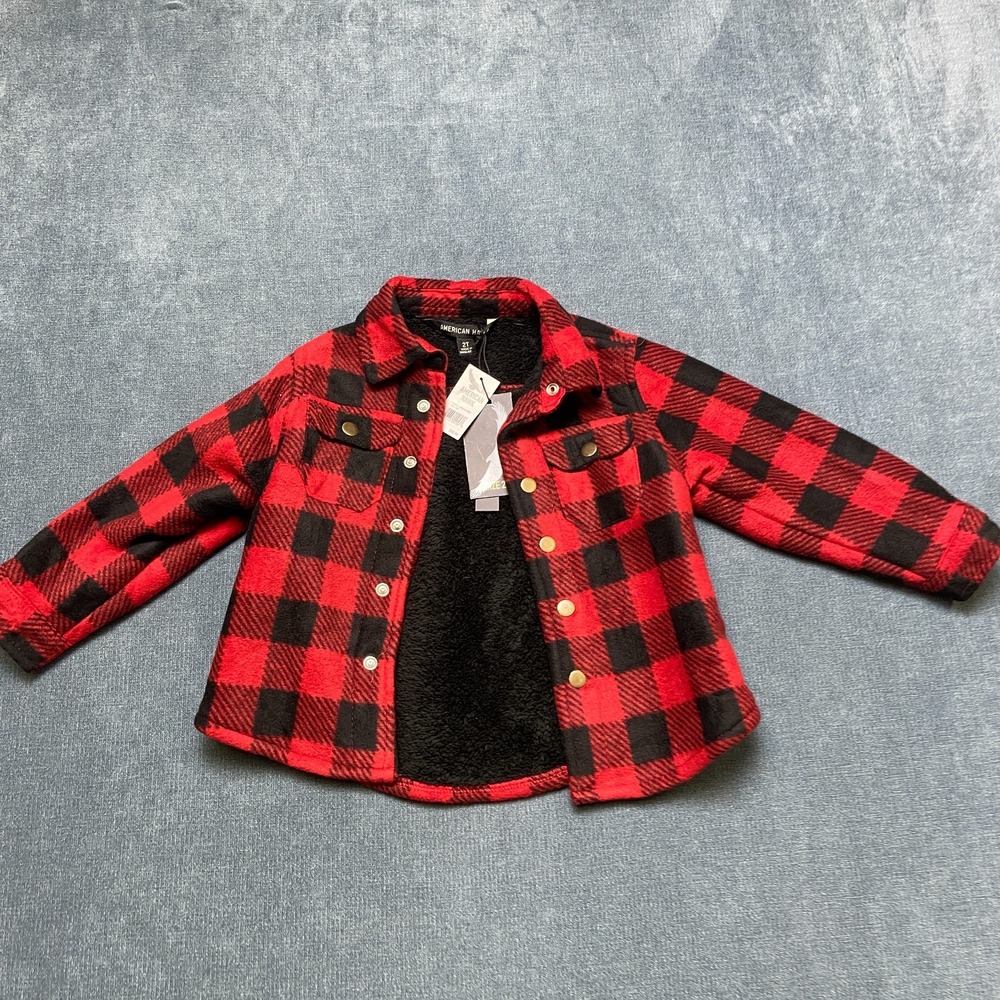 American Hawk Shirt Jacket Toddlers 2T Red Black Plaid Sherpa Lined Snap Button